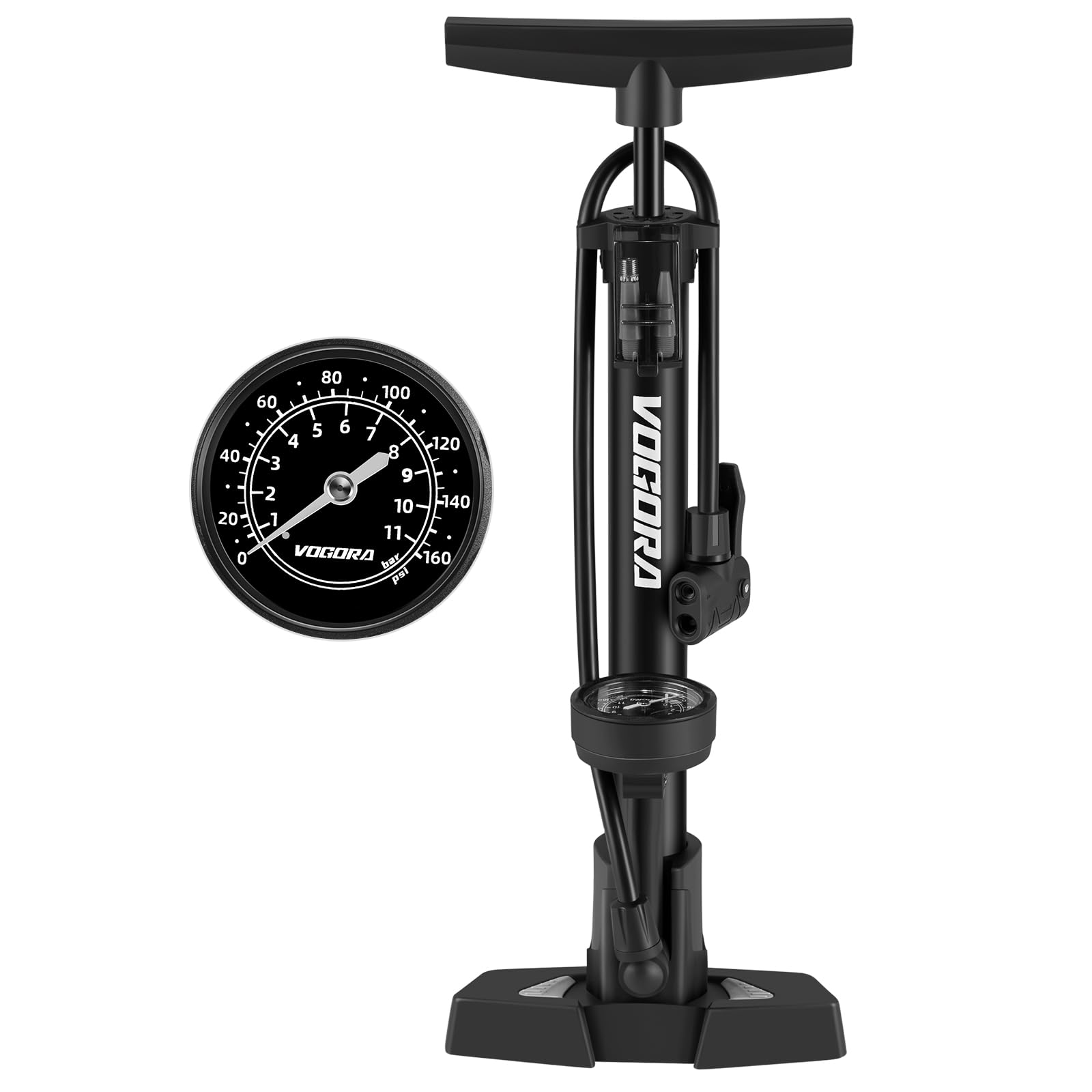 VOGORA Bike Pump Presta & Schrader Valves, Bicycle Pump with Pressure Gauge for all Bikes, Bike Tyre Pump for Car Tyres, Foot Pump for Road Mountain Bikes & Balls