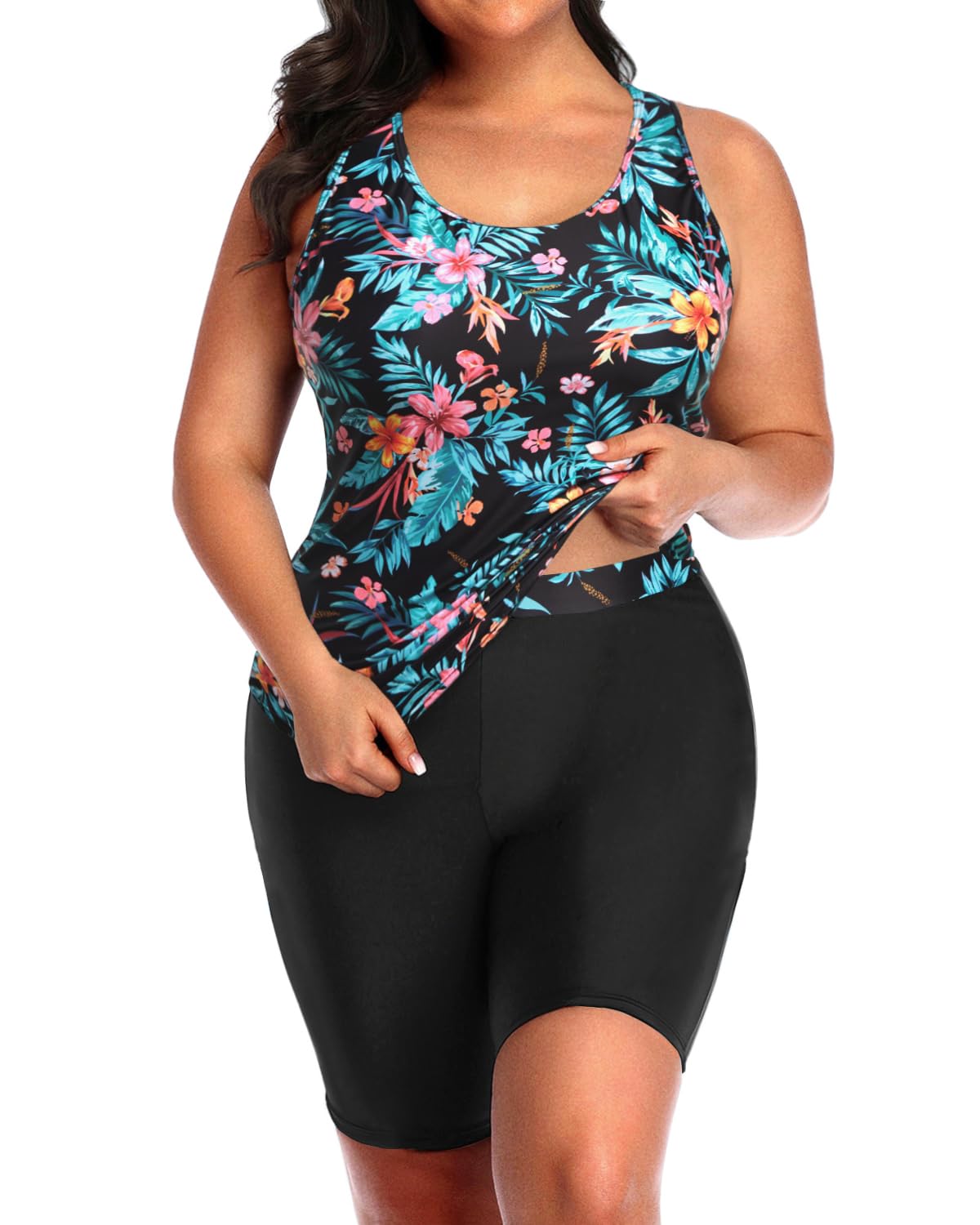 Photo 1 of Daci Women's Plus Size Tankini Swimsuit - Two Piece Rash Guard with Capris Shorts and Athletic Racerback Bathing Suit Colorful Floral XXL