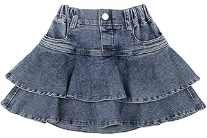 Girls Denim Skirts Mini Flared Pleated Toddler Jean Skorts with Built-in Shorts for Comfortable Play