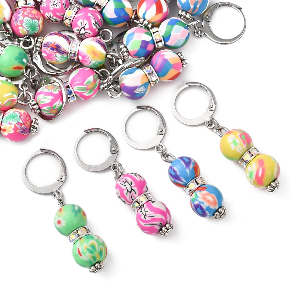 SUNNYCLUE 1 Box 20Pcs Stitch Markers Crochet Stitch Marker Cute Leverbacks Round Polymer Clay Beads Charms Clip On Removable Zipper Pull Charm Locking Knitting Markers for Yarns DIY Sewing Quilting