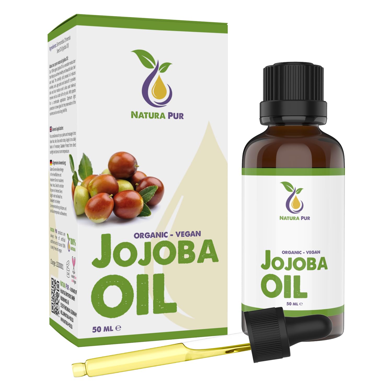Jojoba Oil 50ml - 100% organic, cold pressed, vegan - anti-aging, anti-wrinkle serum for face, body, skin, hands, nails - pure natural carrier oil