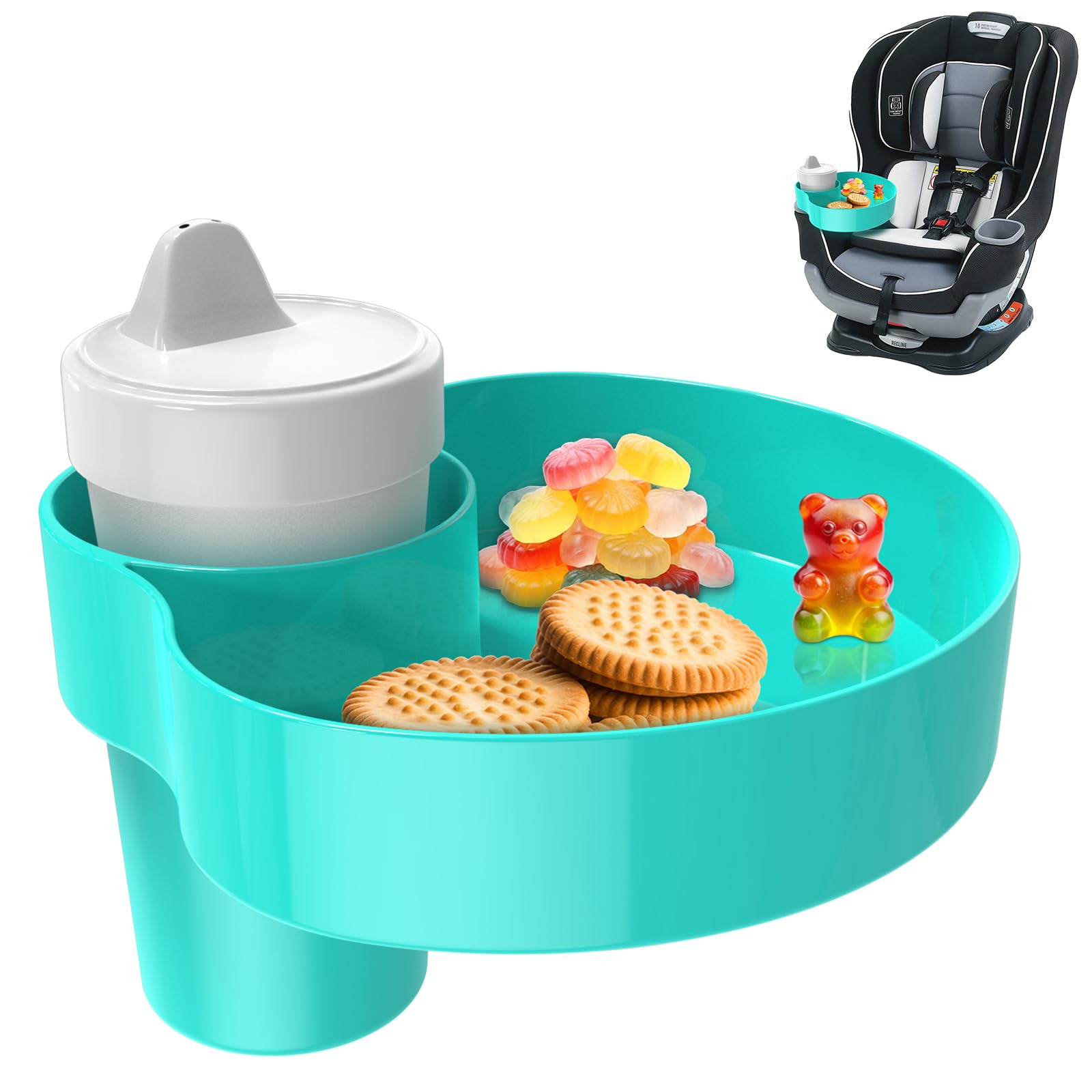 Photo 1 of Car Seat Cup Holder Snack Tray: Travel Tray for Kids Car Seat Tray for Kids Travel, Console Cup Holder Food Drink Tray, Toddler Road Trip Travel Essential Accessories, Teal