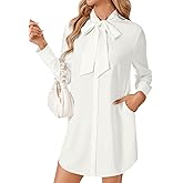 LYANER Women's Long Sleeve Mini Shirt Dress Button Down Bow Tie Mock Neck Short Dresses with Pockets