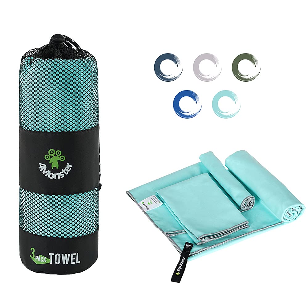 4Monster 3 Size Microfibre Gym Towels at 1 Pack, Quick Dry Travel Towel Ultra Lightweight, Super Absorbent Spots Beach Camping Towel for Gym Beach Camping Sports Swimming Hiking (Lake Green)