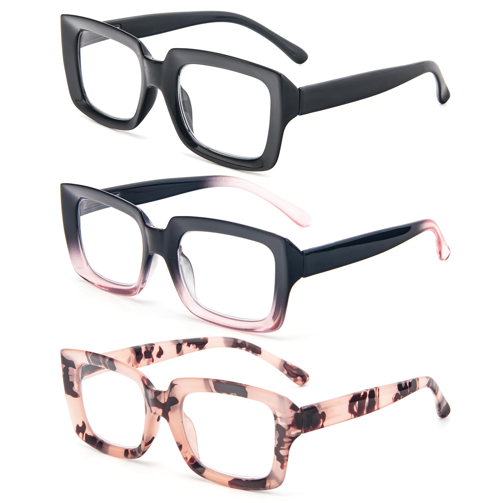 MMOWW 3-Pack Reading Glasses for Women - Blue Light Blocking Stylish Oversize Square Frame Anti Glare Digital Eyestrain Ladies Reader (Black+Black Pink+Pink tortoiseshell, +1.5)