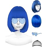 NSODREEM Blue Wig and Party Sunglasses, Color Bob Wig, Cosplay Wigs and Party Wigs, Rainbow Wig with Neon Glasses Blue Wig for Women - Bachelorette Party Wigs Decorations Favors (Blue)
