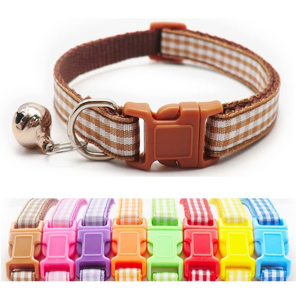 Small Dog Puppy Pet Collar Check Checkered Design with Bell Nylon Adjustable Size 19-32cm Brown