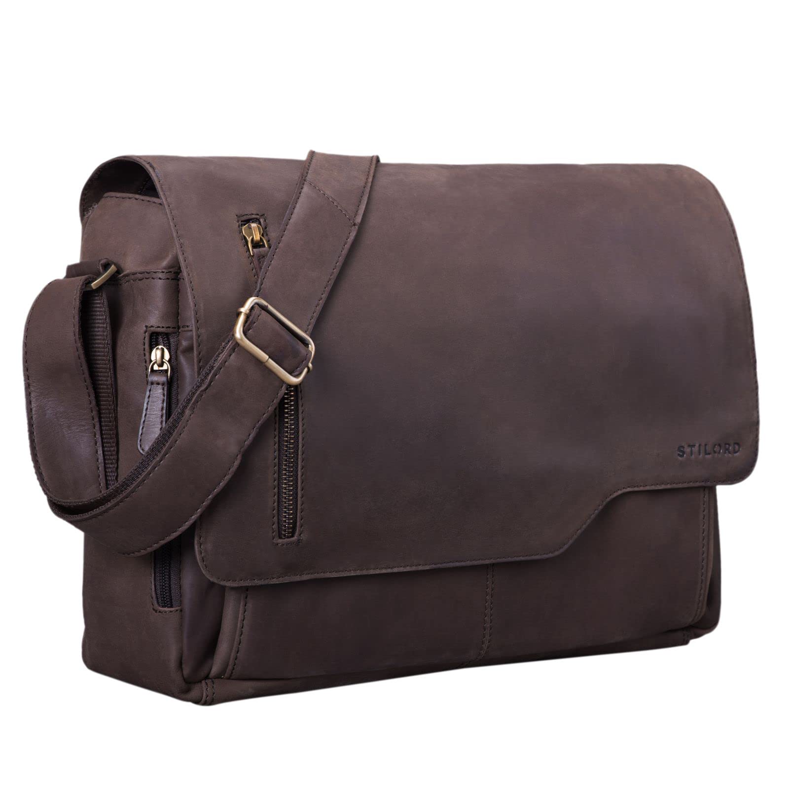 STILORD "Marlon" Leather Bag Men Business University Vintage Shoulder Bag Crossbody Messenger Bag Laptop 15.6 inches in Genuine Leather Colour:Flat Dark Brown