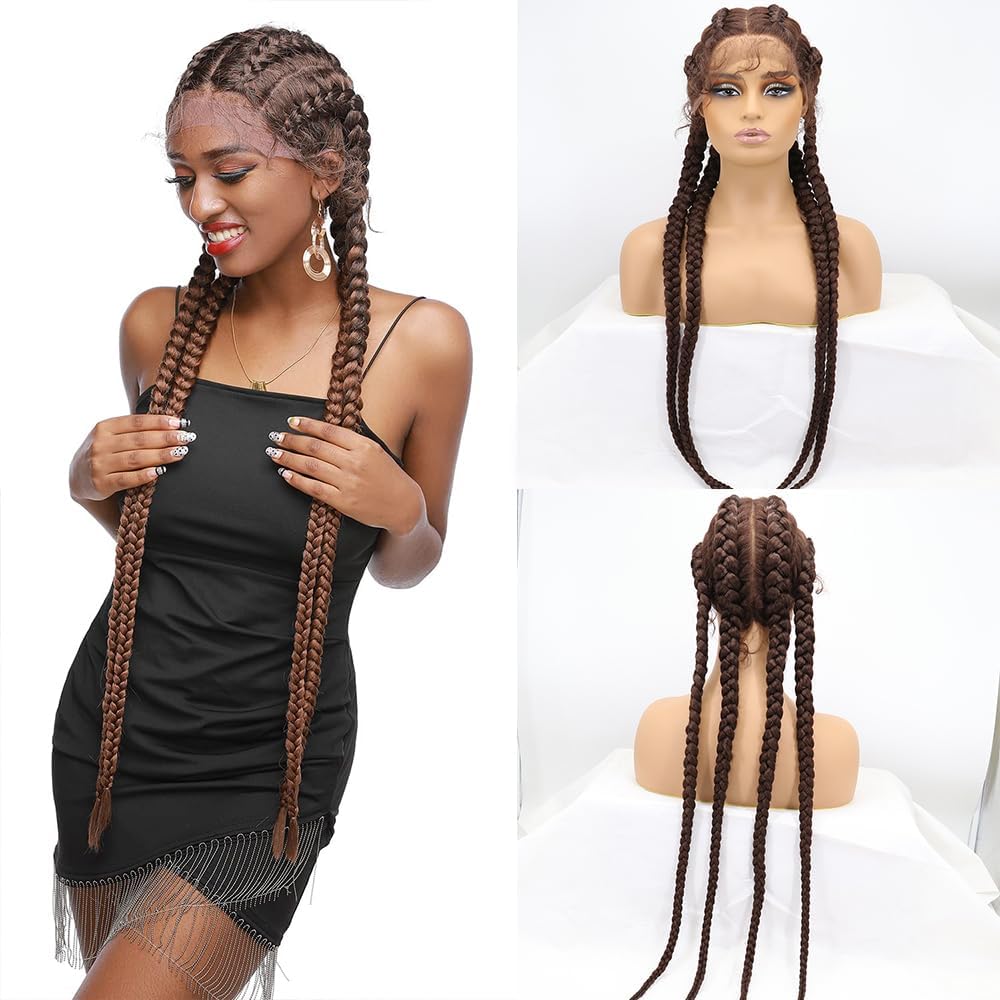 xiweiya 6# Brown Twist Braids100% Hand-Braided Dark Brown Braided Wigs 360 Swiss Lace Front Brunette Double Dutch Braided Wigs for Women Twisted Braids Wig 36inch — image 1