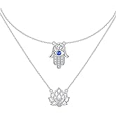 SHAOAN 925 Sterling Silver Evil Eye Layered Necklace Hamsa Hand Double Necklace for Women Lotus Pendant Y Necklace Good Luck Jewelry Easter Gift for Women