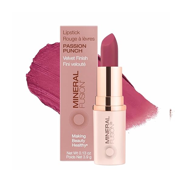 MINERAL FUSION LIPSTICK, VIVID & SMUDGE-FREE LIP COLOR WITH AVOCADO OIL, COCOA SEED BUTTER & MORE, LONG-LASTING VEGAN LIPSTICK, FD&C DYE-FREE, CRUELTY-FREE, PARABEN-FREE, GLUTEN FREE, PASSION PUNCH