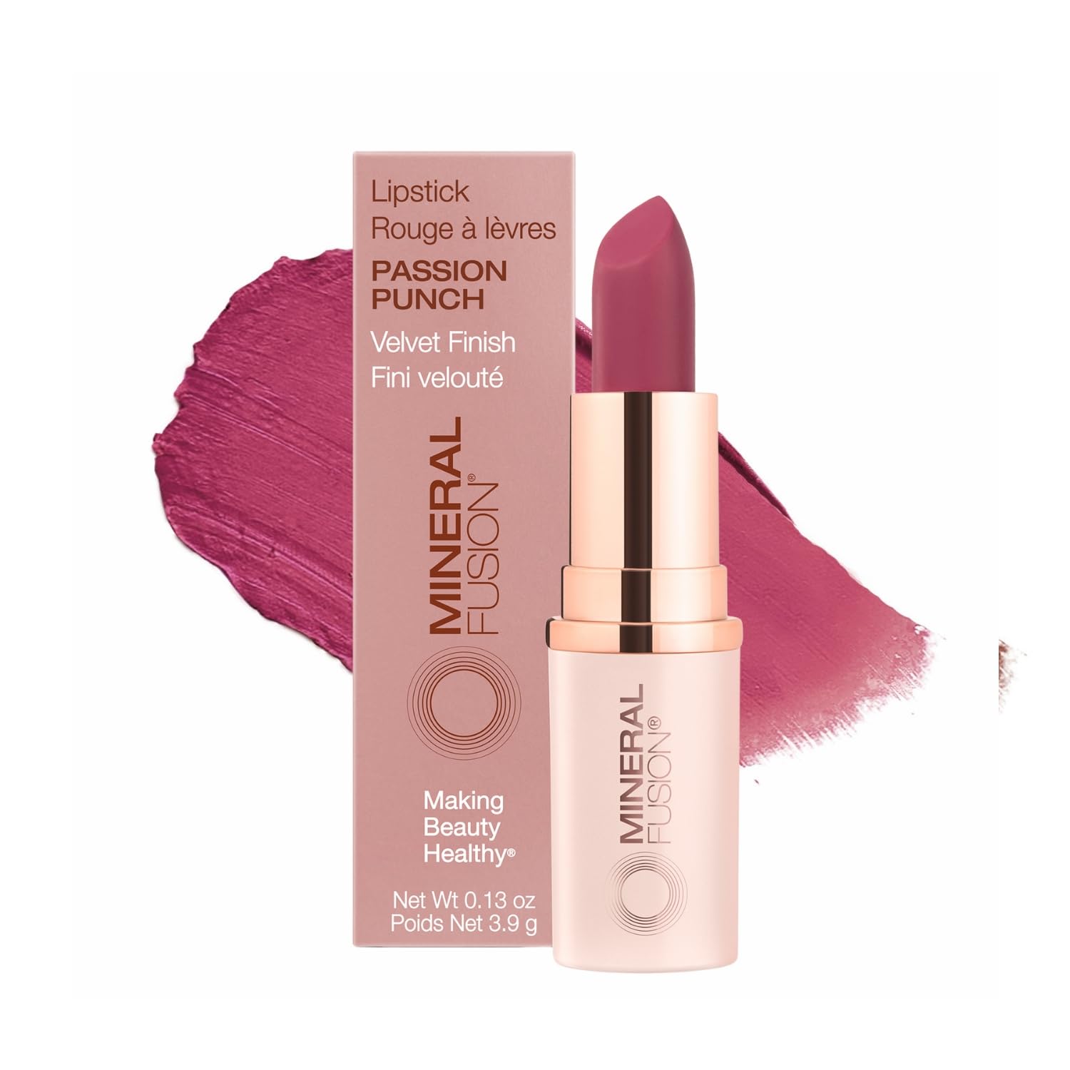 Photo 1 of Mineral Fusion Long-Lasting Lipstick, Vivid & Smudge-Free Lip Color with Avocado Oil, Cocoa Seed Butter, Free of FD&C Dyes, Paraben and Gluten, Passion Punch