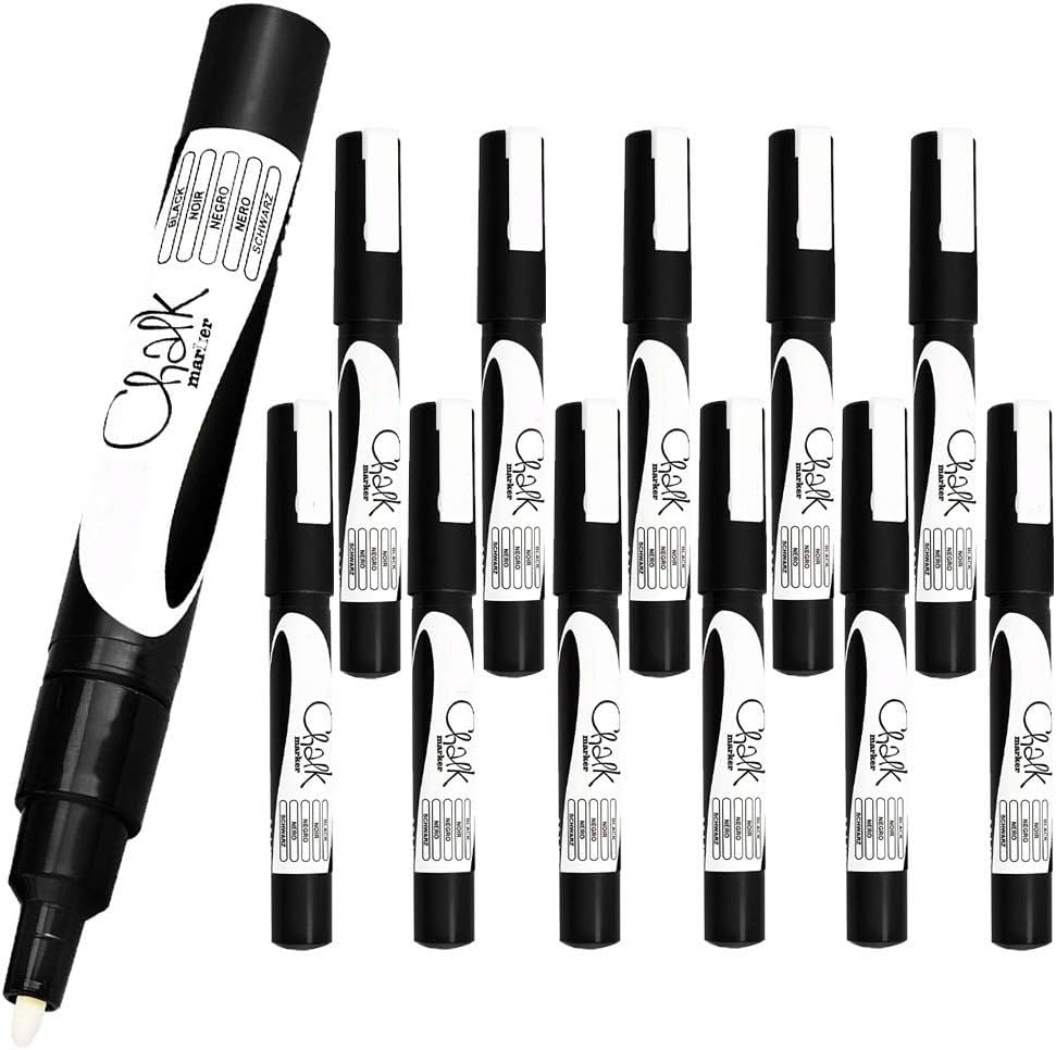 12 x Uni-Ball Wet Erase Liquid Chalk Marker Pens For Glass (Windows & Mirrors), Whiteboards, Signs And Non-Porous Blackboards (0.9-1.3mm Bullet Tip) - BLACK