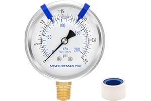 MEASUREMAN PRO 2.5'' Glycerin Filled Pressure Gauge, 0-30psi/kpa, 304 Stainless Steel Case, 1/4" NPT Lower Mount,for Pool Sand Filter, Water Pump, Propane, Coolant, CO2, Gas Test