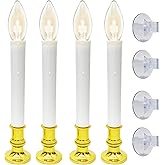 4 Pack Christmas Battery Operated Window Candles with Timer (6-18H), Wireless Window Candle Light with Gold Candlestick Base, C26 LED Bulb Candle Lamp for Home Party Valentines Decor, 4 Suction Cups