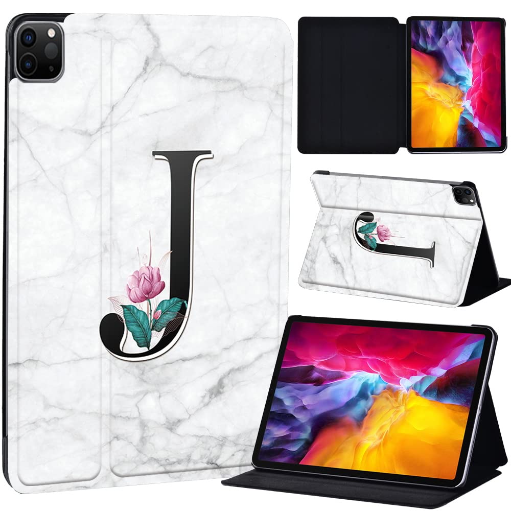 PU Leather + hard shell Ultra slim lightweight Folio Flip Tablet Stand Smart Cover Case Fit iPad Air 4 10.9" (2020) / iPad Pro 11" (2018 2020 2021) (letter J on white marble)
