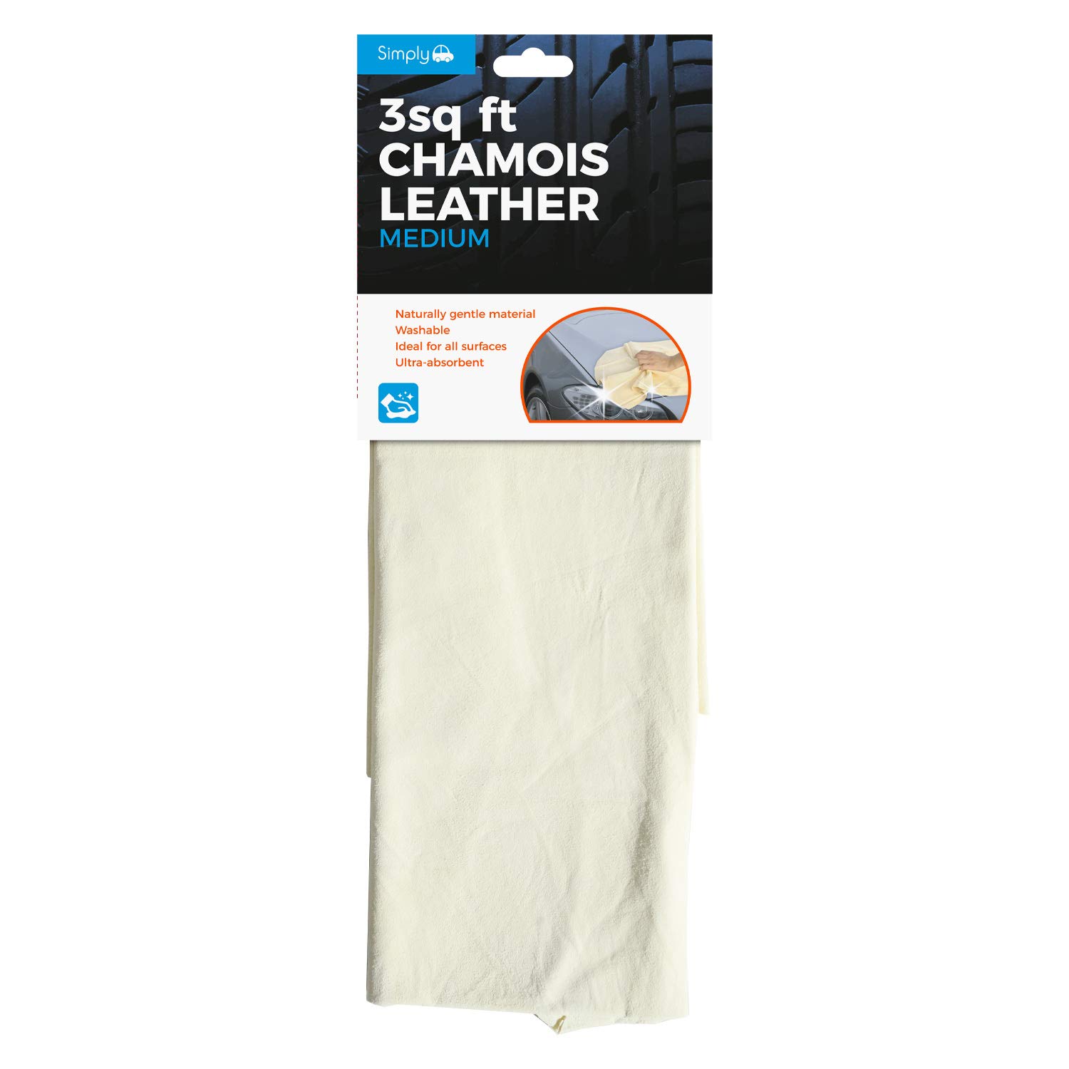 Simply CLE300 Car Home Wash & Dry Leather, Size Medium 3 SQ FT Chamois New Zealand Leather, Heavy Duty & All Purpose, Fully Cod Oil Dressed, Washable and Reusable, Ultra-absorbent Soft Material Holds More Suds & Water, Clean & Remove Tough Stains