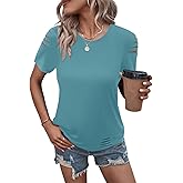 Eachyes Women's Short Sleeve T Shirts Crew Neck Ripped Cut Out Summer Casual Basic Tees Tops