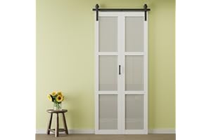 CRUTOP Preassembled Panels & Paintable Bifold Barn Doors, Fingerprint-Resistant 3 Panel Tempered Frosted Glass Bi Fold Barn Door, Solid Core Folding Barn Door for Closet Pantry Laundry, 36" x 84"