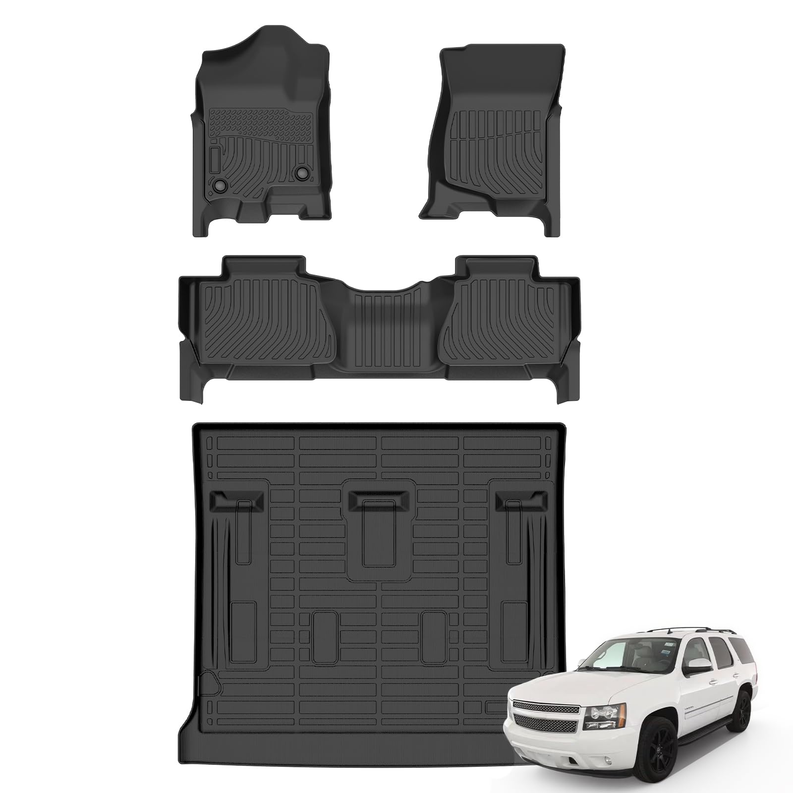 AZYT Floor Mats & Cargo Liner for 2014-2007 Chevrolet Tahoe 8 Seats (Not for Hybrid) & GMC Yukon(Not XL), All Weather Automotive TPE Floor Liners Set Waterproof Accessories Black Image