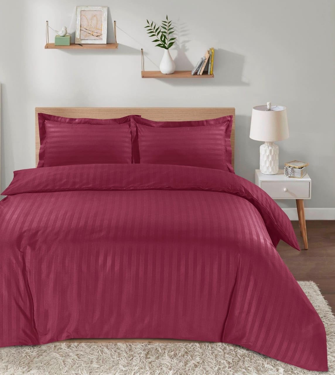 Casabella Satin Stripe Duvet Cover Sets - Luxurious King Burgandy Bedding with Satin Stripes, Hotel Quality King Size Duvet & Pillowcases