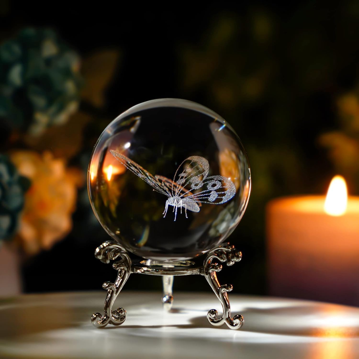 HDCRYSTALGIFTS 60mm 3D Butterfly Crystal Ball Figurine Gifts for Women Men Glass Laser Engraved Animal Crystal Ball with Stand Paperweights Glass Sphere Ball Ornaments Decor Gifts for Lovers