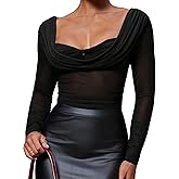 Milumia Women's Draped Long Sleeve Sheer Mesh Top Cowl Neck Ruched Fitted Going Out Tops Night Out Outfits
