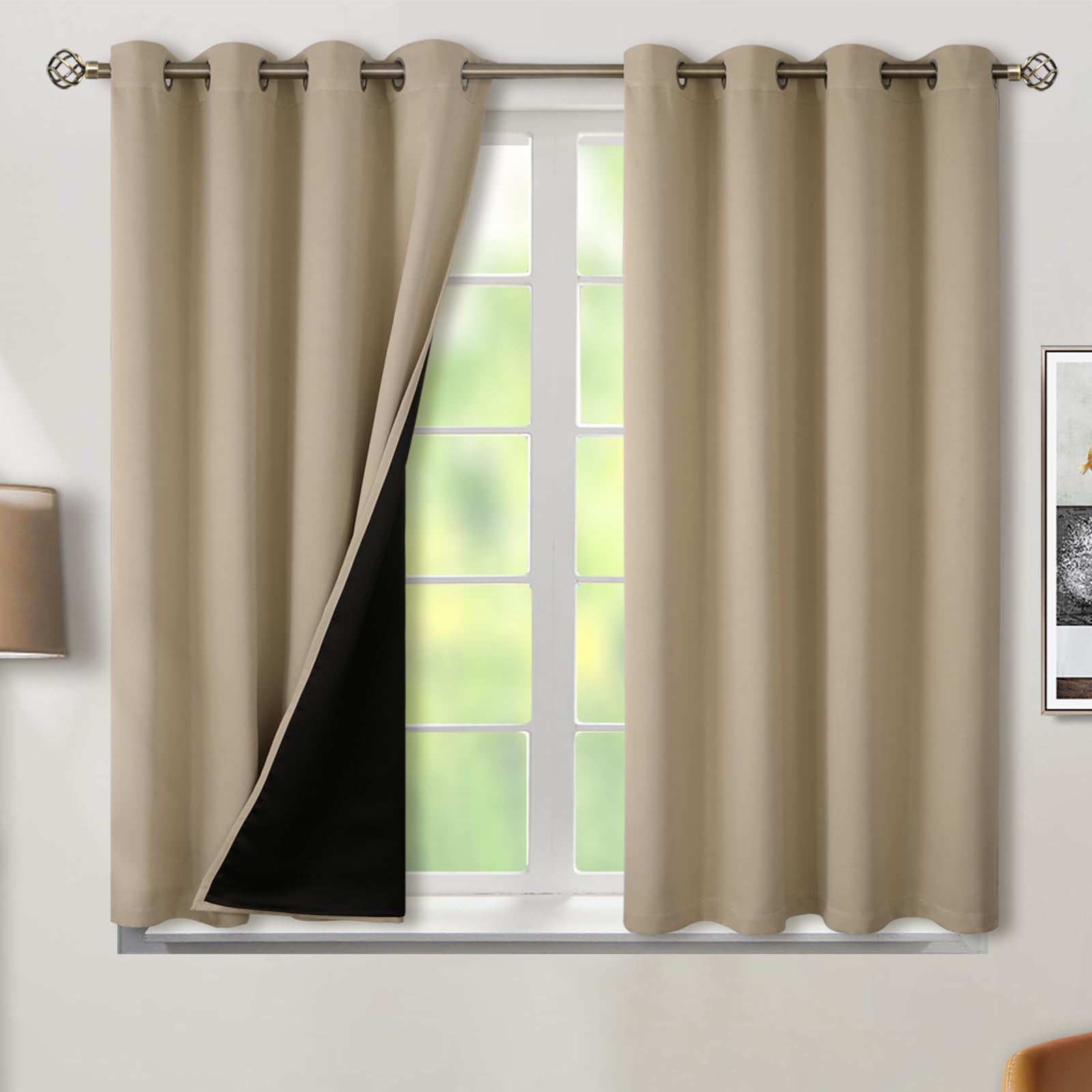 Photo 1 of BGment Short 100% Blackout Curtains for Bedroom, Thermal Insulated Energy Efficiency Noise Reducing Grommet Curtains 54 Inch Length with Liner for Small Window 2 Panels Each 52 Inch Wide, Sand