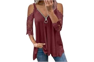 BOXIACEY Womens Summer Tops Ｖ-Neck Zipper T-Shirt Lace Hollow Out Tunic Half Sleeve Cold Shoulder Blouse Tops