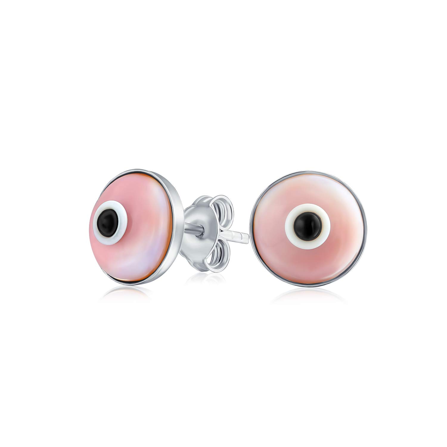 Spiritual Protection Round Pink Nazar Evil Eye Stud Earrings For Women Teen Murano Glass .925 Sterling Silver 9MM Made In Turkey