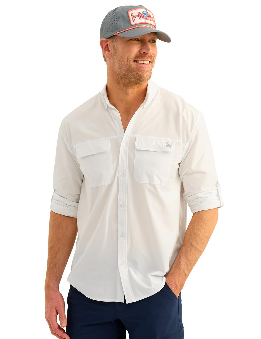 HUK Mens Next Level Solid Long Sleeve Fishing Button Down Shirt for Men, White, X-Large