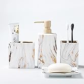 RQYIXI Bathroom Accessories Set 4 Pcs Marble Look Sets Toothbrush Holder Soap Dispenser Counter Top Ceramic Bathroom Decor Set Gold