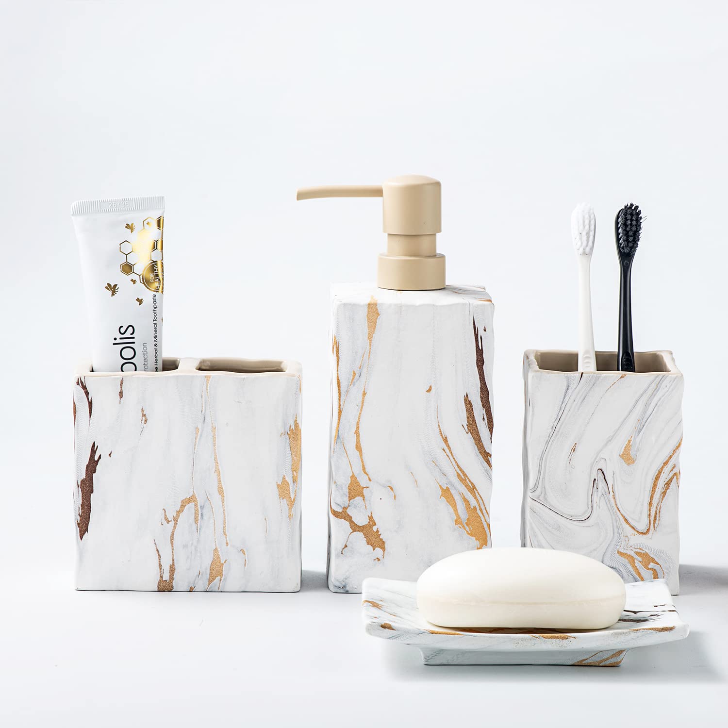 RQYIXI Bathroom Accessories Set 4 Pcs Marble Look Sets Toothbrush Holder Soap Dispenser Counter Top Ceramic Bathroom Decor Set Gold