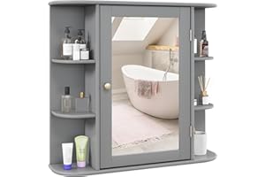RELAX4LIFE Bathroom Wall Cabinet with Mirror - Medicine Cabinet w/Door, 6 Open Shelves & Adjustable Shelves, Over The Toilet 