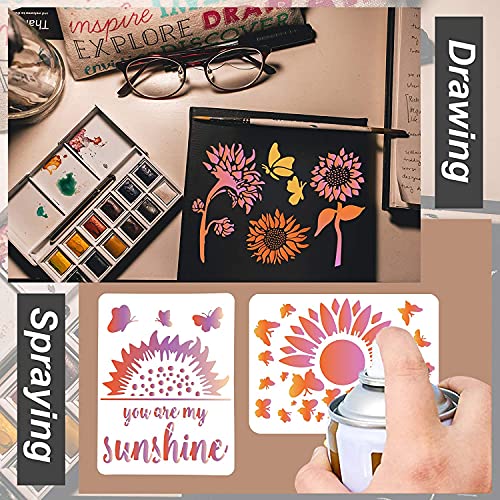 Sunflower Stencil, 11 Pcs A4 Size Reusable Butterfly Sun Flower Stencils for Painting on Wood Canvas Bee Dragonfly Stencil Kit for Drawing on Walls DIY Mylar Template, 8.4 x 11 inch