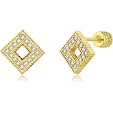 Seraphina 14K Gold Plated Square Stud Earrings for Women Cubic Zirconia Hypoallergenic Screw Back Flatback Cartilage Helix Earrings