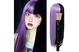 Kaneles Half Purple Half Black Wig Long Straight Hair with Bangs for Women Cosplay Natural Wig for Cosplay Party Halloween