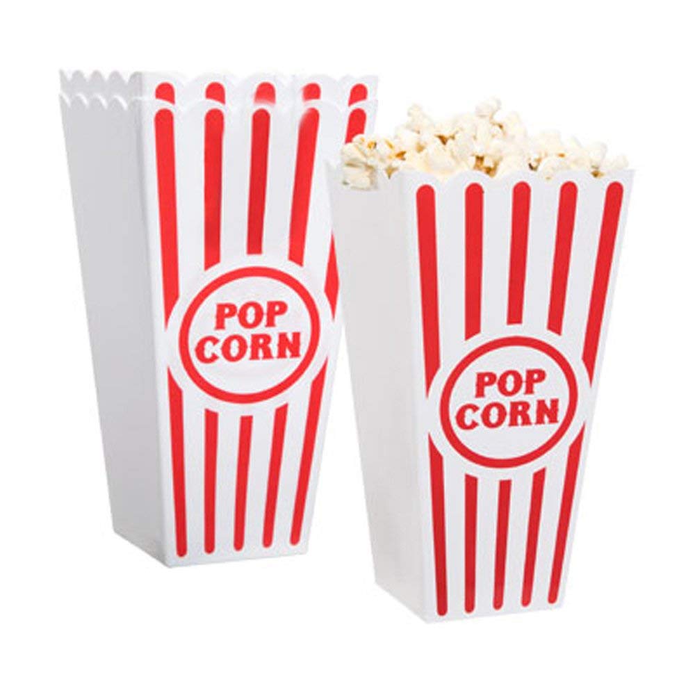 NOVELTY PLACE Plastic Red & White Striped Classic Popcorn Containers for Movie Night - 7.8" Tall x 3.8" Square (4 Pack)