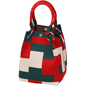 1 Piece Adult Women Knit Top Handle Bag Colorblock Patchwork Tote Ring Shoulder Purse Casual Fashion Grid Pattern Handbag