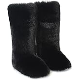 QMFUR Women's Furry Faux Fur Boot Fluffy Knee High Snow Boots Round Toe Suede Winter Comfy Plush Warm Outdoor Indoor Flat Shoes Fashion Boots