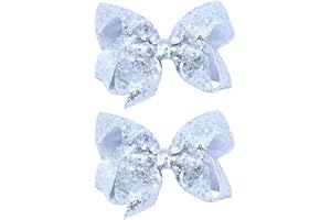 JUCCPUL 2Pcs Sequins Hair Bows Clips for Girls 5Inchs Hand-made Shiny Glitter Ribbon Hair Bows Alligator Clips Sparkle Sequins Hair Accessories for Little Toddler Girls Kids(Silver)