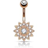 14GA Rose Gold Plated 316L Stainless Steel CZ Crystal Paved Flower Belly Button Ring