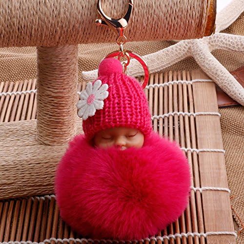 Topxome 1pcs Cute Fluffy Rabbit Ball Fur Pompom Sleeping Baby Doll Keychain Women Car Bag Accessories Key Holder Ring Pendant Charm Jewelry (rose)