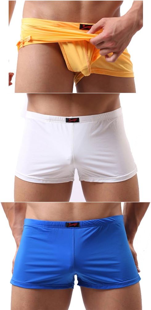 Men's Smooth Ice Silk Boxer Trunks Separate Pouch Insided (L, Yellow/White/Blue(3-Pack))