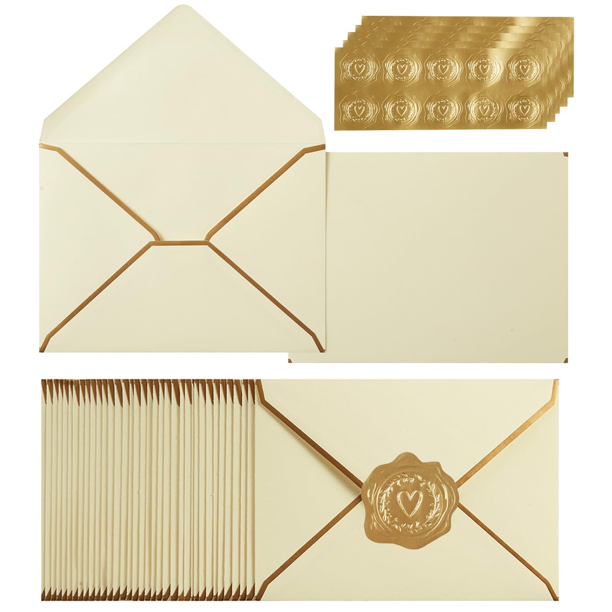 Photo 1 of 100 Pack A7 Envelopes 5 x 7 Card Envelopes V Flap with Gold Border for Office, Wedding Gift Cards, Invitations, Graduation, Baby Shower, Parties (Cream Color, 5.32 x 7.28 Inches)