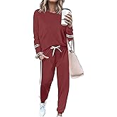 KBKBSN Women 2 Piece Outfits Crew Neck Striped Long Sleeve Casual Sweatsuit Lounge Set Tracksuits Pajama Pullover with Pocket