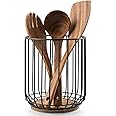 getstar Kitchen Utensil Holder, Large Wire Utensil Holder for Kitchen Counter (W6.2” x H7.5”) with Acacia Base