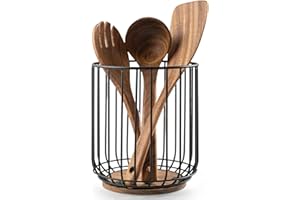 getstar Kitchen Utensil Holder, Large Wire Utensil Holder for Kitchen Counter (W6.2” x H7.5”) with Acacia Base
