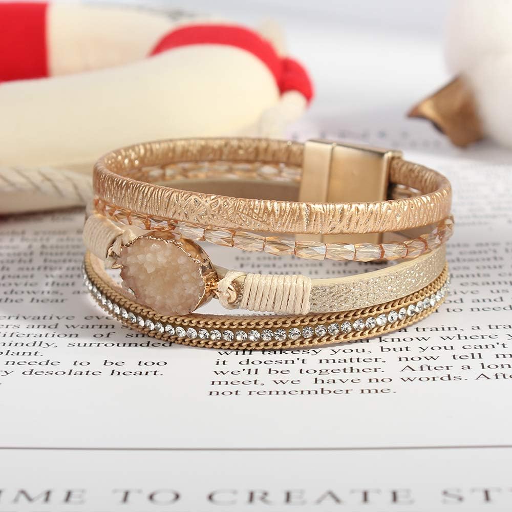 Leather Wrap Bracelet Boho Cuff Bracelets Crystal Bead Bracelet with Magnetic Clasp for Women Handmade Layered Bracelet for Women Teens(7.7", Gold): Clothing