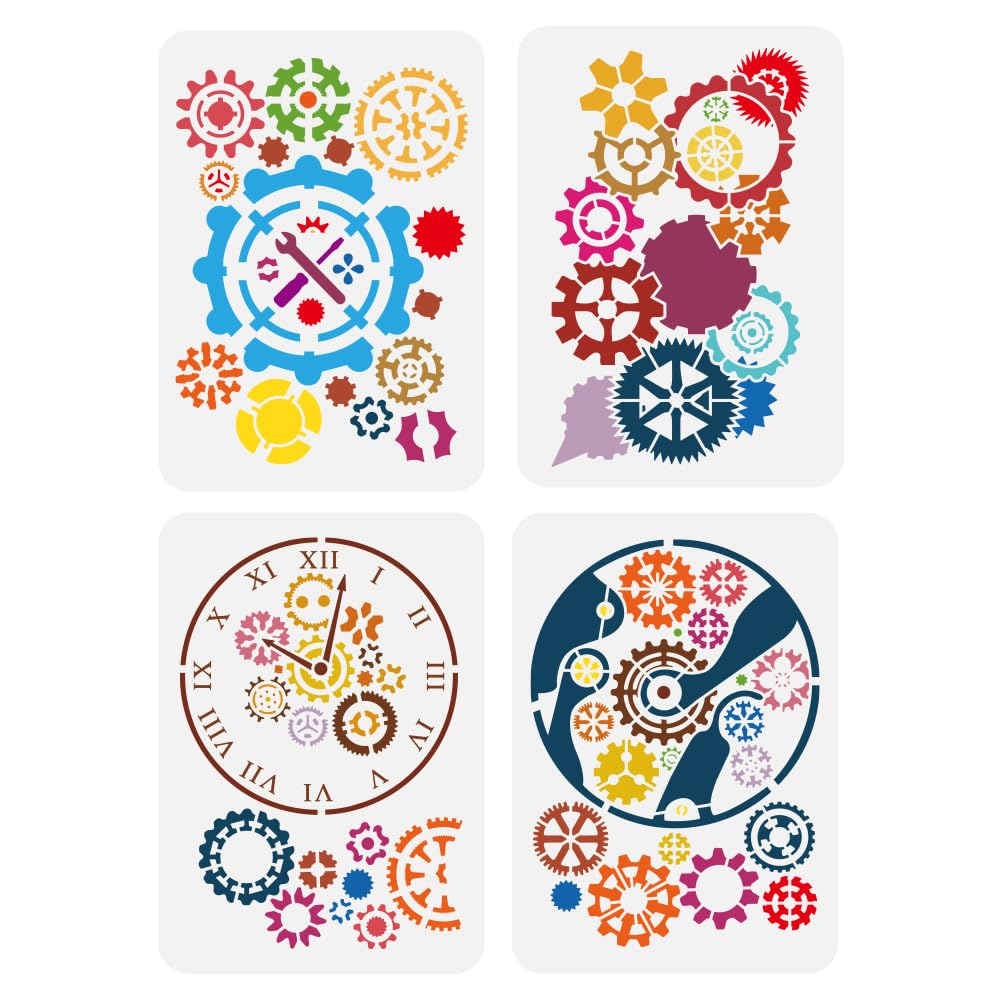 FINGERINSPIRE 4Pcs Gear Stencil 4Styles Various Gear Patterns Painting Stencils 21x29.7cm Steampunk Gear Clocks Drawing Large Stencils Reusable Bizarre Gear Templates for DIY Projects Airbrush Crafts